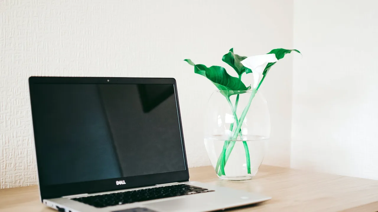 silver and black dell laptop beside white calla lily in clear glass vase on brown wooden desk