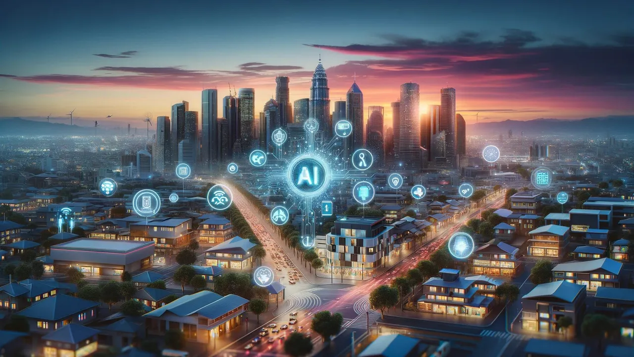 DALL-E3 2024 - A contemporary and realistic digital artwork emphasizing the future potential of artificial intelligence in everyday life. The image portrays a cityscape with integrated AI elements subtly present in daily activities - smart traffic systems, AI-assisted healthcare, and intelligent building management. The focus is on how AI seamlessly blends into various aspects of life, enhancing efficiency and quality of life without dominating the scene. The background is a modern city skyline during twilight, symbolizing the transition into a new era of technology, with a color palette that is grounded and realistic, reflecting a future that is innovative yet achievable.