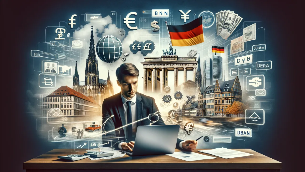 DALL·E 2024 - Visualize the concept of living with a foreign IBAN in Germany, focusing on the everyday challenges and opportunities it presents. The image should include a young professional sitting at a desk, surrounded by a mix of German landmarks (like the Brandenburg Gate and the Cologne Cathedral) and symbols of international banking (such as diverse currency symbols and a globe). The person appears to be navigating through paperwork and digital banking on a laptop, showing a blend of confusion and determination. The scene encapsulates the blend of cultural integration and financial navigation, highlighting both the hurdles and the empowerment of managing finances with a foreign IBAN in a new country.