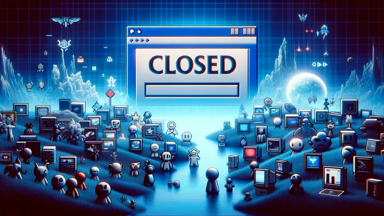 DALL-E 2024 - A digital landscape featuring an array of classic browser game icons, like small pixelated characters and simple graphical user interfaces, fading into the background. The foreground shows a symbolic 'closed' sign hanging over a representation of a computer screen, which once displayed vibrant online worlds. This scene should embody the transition from the golden age of browser games to their decline, evoking a sense of nostalgia and closure. The atmosphere should be serene yet somber, highlighting the end of an era in online gaming. The image should be in a 16:9 format, suitable for use as a blog post header or a widescreen display.