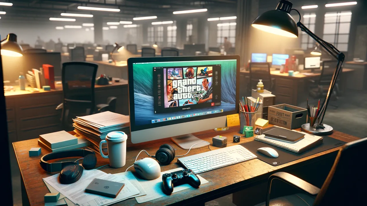 Dall-E 2024 - A scene depicting a desk in an office environment, featuring typical work items such as a computer, keyboard, mouse, a stack of papers, and a coffee cup. On the computer screen, instead of a work document or application, the homepage of "GTA 6" is displayed, glowing invitingly. Next to the computer, a gaming headset and a controller are placed, suggesting the desk owner is ready to dive into the game at any moment. In the background, blurry to focus on the desk, empty office chairs and desks suggest a deserted, almost ghostly work environment. The scene is illuminated by the warm light of a desk lamp, creating a cozy yet contrasting atmosphere to the cool, functional office setting. The image conveys excitement for gaming juxtaposed with a sense of abandonment in the workplace, highlighting the tension between professional duties and personal passions.