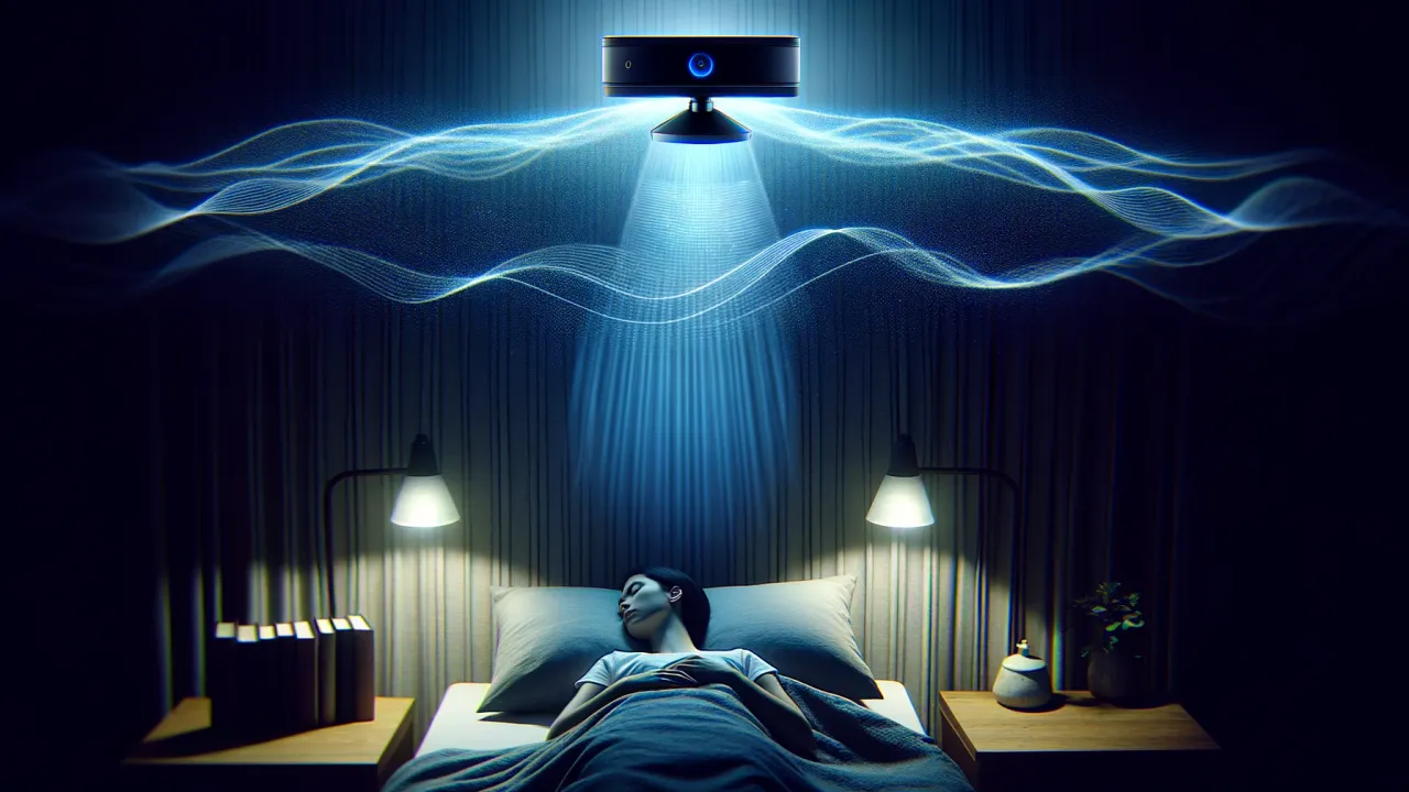 DALL-E 2024 - A tranquil and dark bedroom scene where a person is sleeping peacefully. Above them, the silhouette of an Azure Kinect camera is either discreetly mounted on the ceiling or placed on a nightstand. Subtle light beams or digital waves emanate from the camera, gently traversing the room and capturing sleep data. These digital waves softly flow over the sleeping person, symbolizing non-invasive and gentle data capture during sleep. The focus is on the harmonious integration of technology into everyday life to enhance sleep quality and provide valuable insights for health and well-being. The image should be in a 16:9 aspect ratio to illustrate the article 'Sleep Analysis with Azure Kinect'.