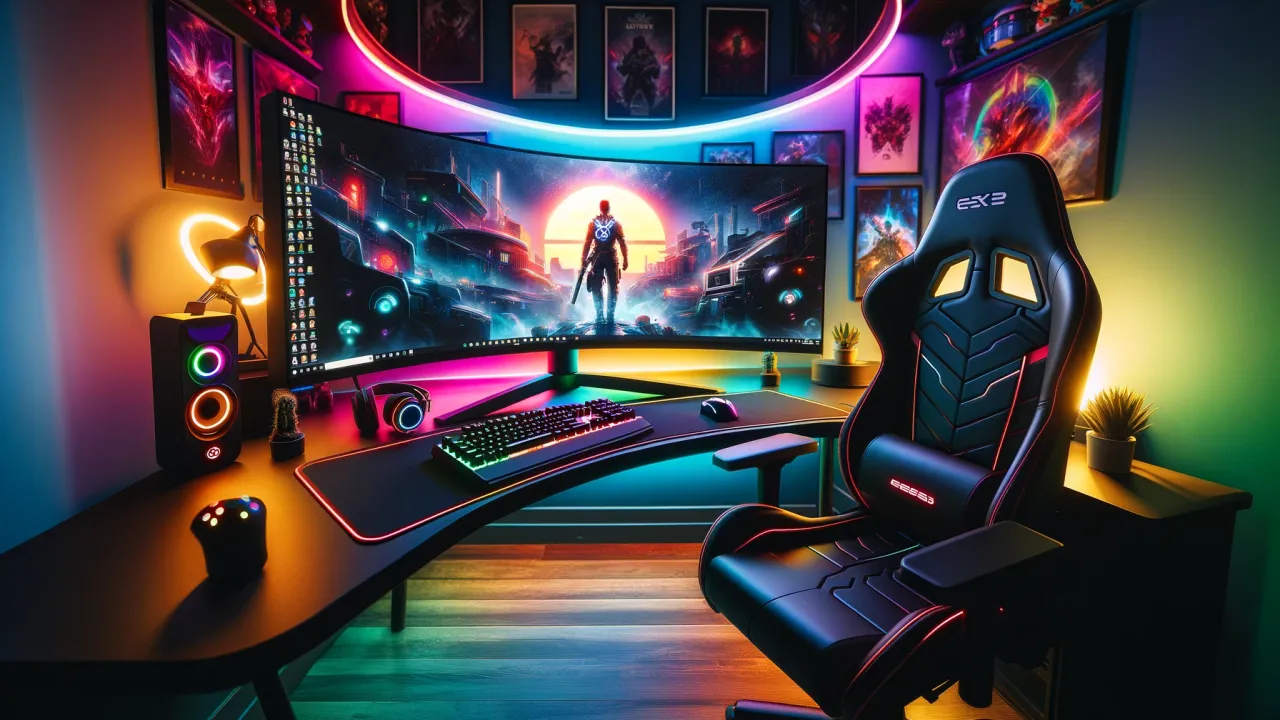DALL-E 2024 - A highly detailed and immersive gaming setup featuring a large curved monitor surrounded by multi-colored RGB lights. There's a high-end gaming chair, sleek black, positioned perfectly in front of the desk. The desk holds a mechanical keyboard with glowing keys, a gaming mouse with a futuristic design, and a headset hanging on a stand. The walls are adorned with posters of popular video games and the room is dimly lit to enhance the vibrant colors of the RGB lighting. The atmosphere is cozy yet high-tech, ideal for gaming enthusiasts.