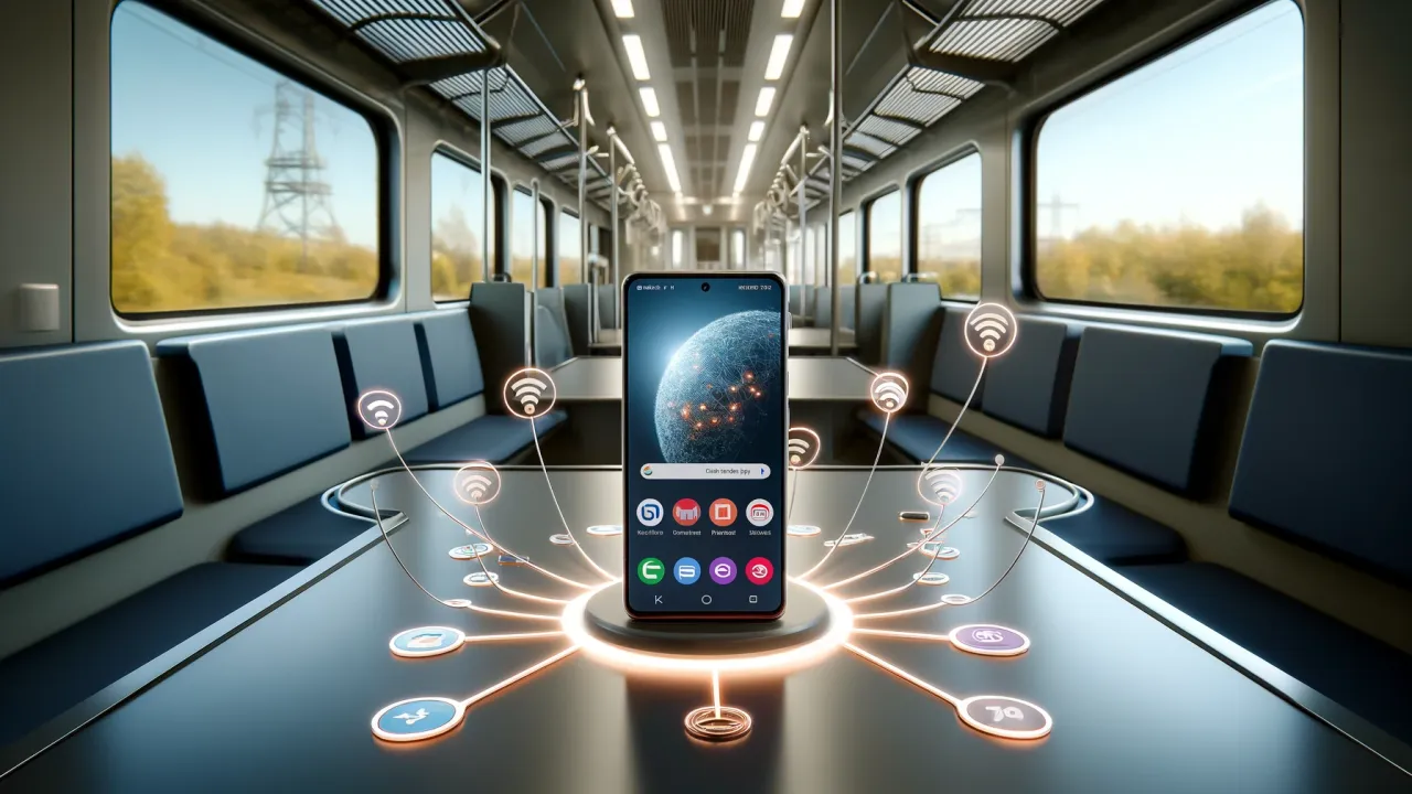 DALL-E 2024 - A Samsung Galaxy S22 Ultra smartphone displayed on a table inside a modern train compartment, surrounded by visual representations of different network signals in a 16:9 format. The phone shows active connections to various networks like Vodafone, Telekom, and Sipgate, represented by their logos floating around it. The compartment is well-lit, with large windows showing a passing landscape outside, emphasizing the travel and connectivity theme. The image layout is horizontal to fit the 16:9 aspect ratio.
