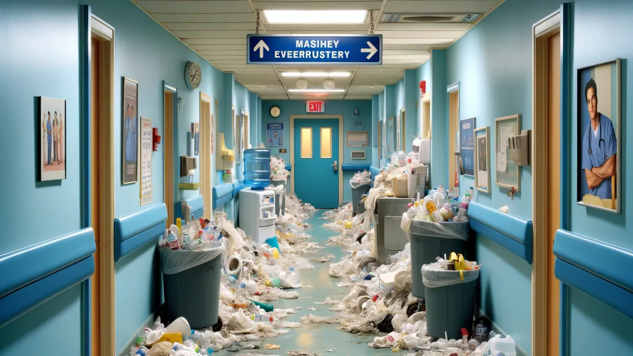 DALL-E 2024 - Combine elements from previous scenes inspired by 'Scrubs'. The setting is a hospital corridor that appears unusually quiet and empty, similar to the second image but with the specific atmosphere and details from the first image. The walls are light blue, typical of hospital interiors, with medical posters and a water cooler visible. The hallway is lined with overflowing trash bins, suggesting neglect or a busy day. The janitor character is notably missing. Enhance the image with quirky and comedic elements reflective of 'Scrubs'.