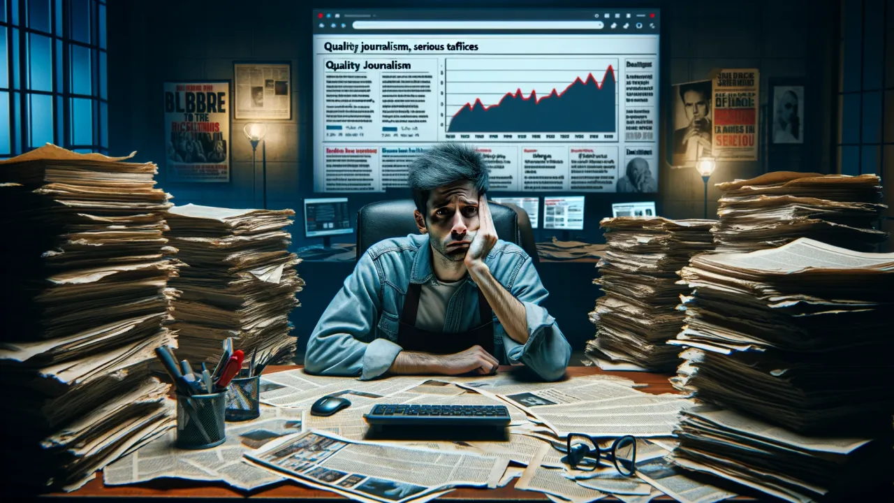 DALL-E 2024 - A melancholic journalist sits at a wide, cluttered desk surrounded by piles of research papers and a computer screen showing low traffic analytics. The room is dimly lit, emphasizing the journalist's stressed and disappointed expression. In the background, articles with sensational headlines contrast with his quality, serious content. The setting is a gloomy office space, depicting the struggle between quality journalism and clickbait culture in a wider format.