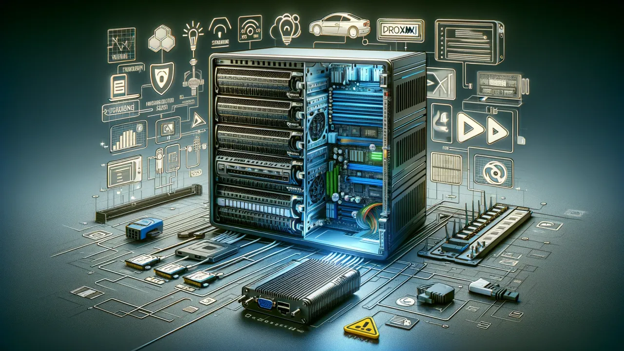 DALL-E 2024 - A detailed image showcasing a modern server tower with its components visible. The server is open, revealing parts like RAM sticks, a processor, a RAID controller, and a power supply. A VGA to HDMI adapter is placed next to the server. In the background, there are streaming symbols like a play button and video icons, as well as logos of virtualization software like Proxmox and ESXI. A thought line connects these components and software solutions. In one corner, there's a car symbol with a speed camera symbol next to it, indicating the anecdote about the car sharing and speeding ticket. Technical diagrams and symbols are overlaid on the image to highlight the complexity and technical challenges of the project.