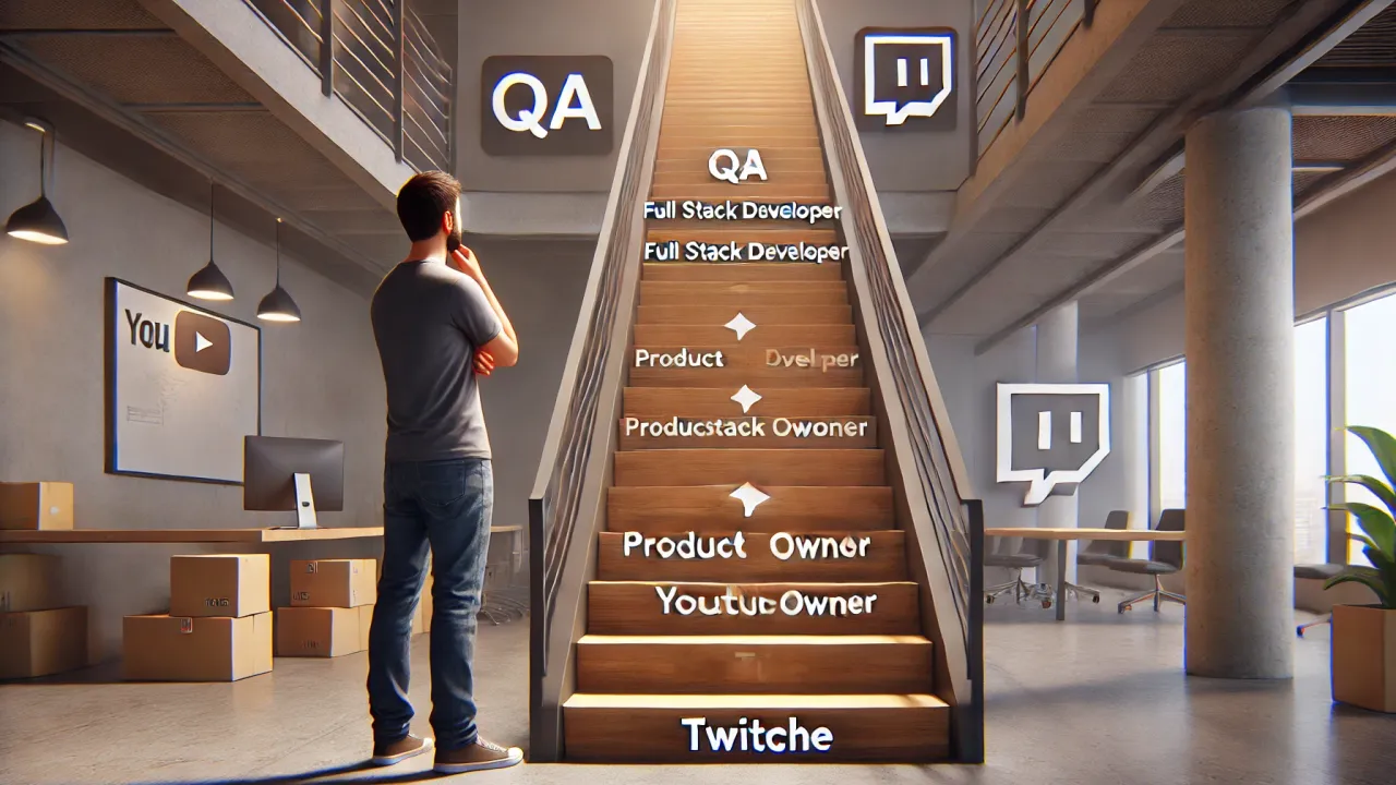 DALL-E 2024 - A man standing at the bottom of a long staircase in a modern office building, with each step labeled with a different career title: 'QA', 'Full Stack Developer', 'Product Owner', 'YouTube', 'Twitch'. The man looks up the staircase contemplatively, with a hand on his chin. The staircase represents the journey and choices in his career path. The atmosphere is realistic and professional, capturing the theme of uncertainty and decision-making in a career setting.
