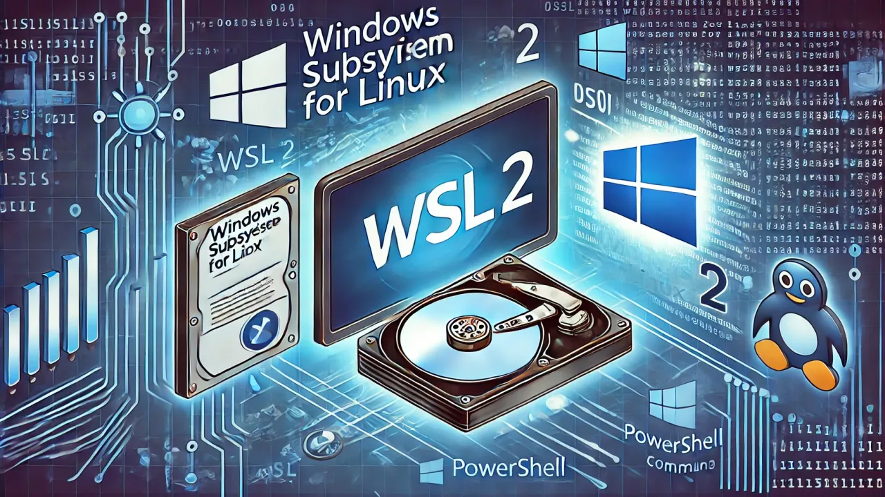 DALL-E 2024 - An illustration depicting the Windows Subsystem for Linux (WSL) 2 icon on a computer screen, with various elements representing data compression and optimization. The image should include elements like a large hard drive shrinking in size, PowerShell command lines, and the WSL logo. A tech-savvy environment with a focus on efficiency and storage management should be conveyed.