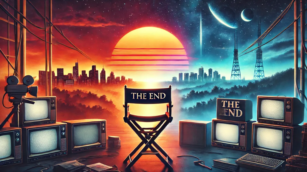 DALL-E 2024 - A 16:9 image depicting the theme of the end of a TV series. The scene should include a sunset or twilight sky, symbolizing closure, with elements like a fading television screen, an empty director's chair, and a 'The End' sign. The background should be a blend of different environments representing various genres, such as a futuristic cityscape, a gritty urban area, a sci-fi setting, and a suburban neighborhood, all gradually fading into the distance. The overall mood should evoke a sense of nostalgia and reflection.
