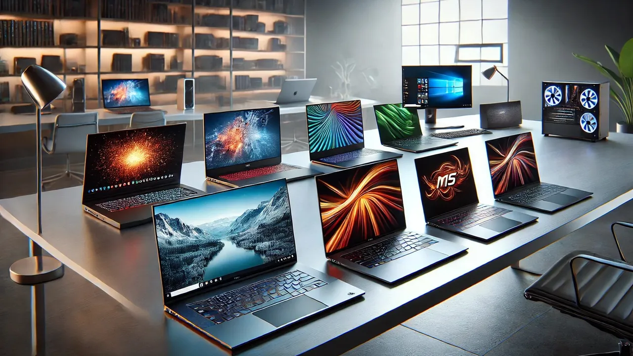 DALLE - 2024 - A modern workspace with a range of high-end laptops displayed on a sleek desk. Featured laptops include a Dell XPS, Apple MacBook Pro, Lenovo ThinkPad, Acer Swift, ASUS ROG Zephyrus, and MSI Prestige. The background includes a minimalist office setting with a large window letting in natural light. The Dell XPS is shown with a thermal problem, visibly overheating. The other laptops are shown with their screens displaying vibrant, high-resolution images. A focus on the Dell XPS and MacBook Pro, highlighting their design and build quality. The scene should be clean, professional, and tech-focused.