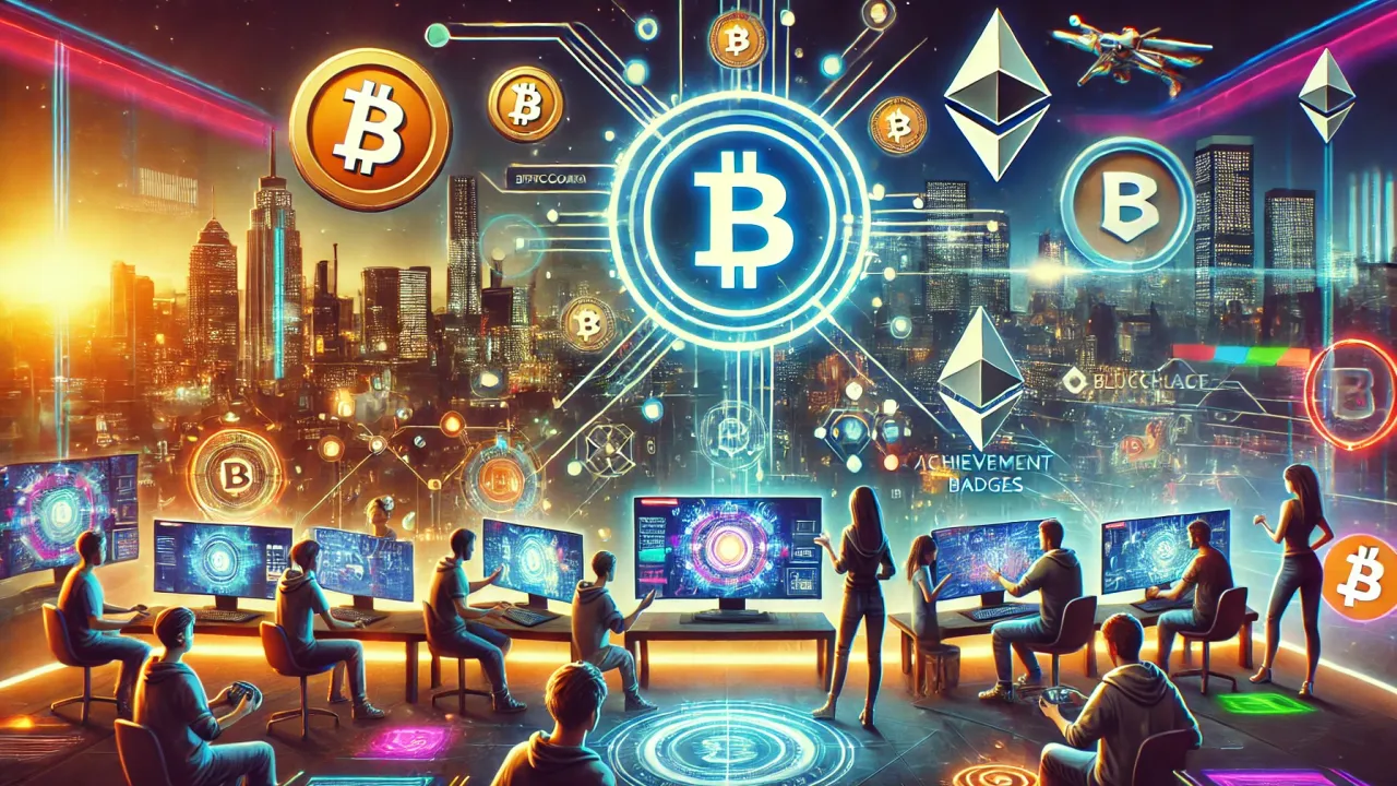 DALL-E 2024 - A dynamic and futuristic gaming scene with elements of cryptocurrency and blockchain integration. In the background, there is a virtual cityscape with neon lights and digital symbols of popular cryptocurrencies like Bitcoin and Ethereum. In the foreground, gamers are interacting with holographic screens showing in-game items and marketplaces. Additional gamification elements include digital leaderboards, achievement badges, and avatars. The scene has a mix of dark and vibrant colors, reflecting both the excitement and the challenges of integrating crypto in gaming.