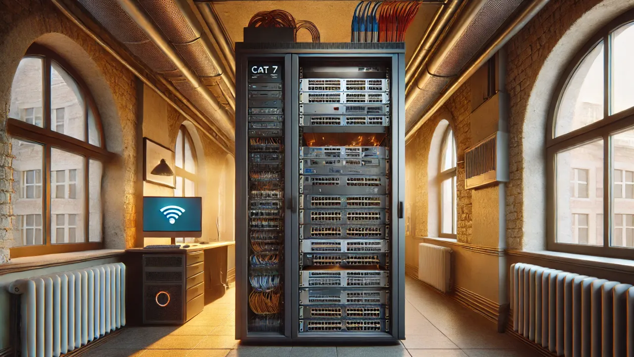 DALL-E 2024 - A modern office server room in an older, renovated building. The image shows a sleek server rack filled with network switches, patch panels, and cabling. CAT 7 cables are prominently visible, neatly organized and connected to the switches. The setting includes a mix of old architecture, like brick walls, blending with the new technology. There are also visible WLAN access points on the ceiling and a powerful desktop server tower next to the server rack. The lighting is warm, highlighting the balance between old and new.