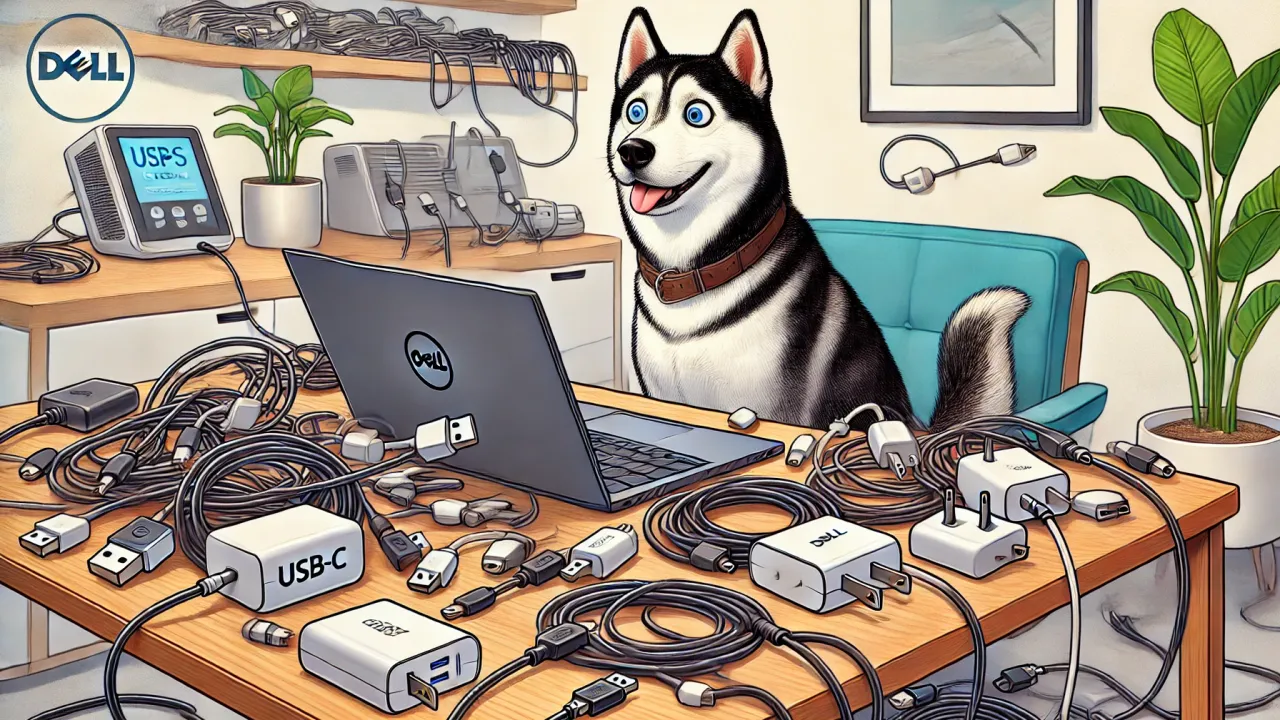DALL·E 2025-01-07 17.18.24 - A humorous and detailed illustration of a Husky sitting frustratedly in front of a Dell XPS laptop, surrounded by various USB-C chargers and cables. T