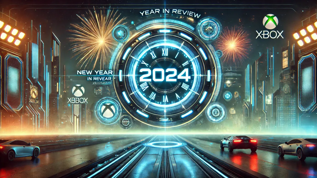 DALL·E 2025-01-20 18.19.34 - A futuristic 16_9 digital artwork focused on the theme of the New Year transition for a blog titled 'Huskynarr's Year in Review and Vision for 2024.'
