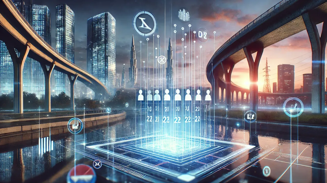 DALL-E 2025 - Ein futuristisches Stadtpanorama bei Dämmerung, in dem moderne Architektur und digitale Elemente harmonisch verschmelzen. Im Vordergrund schwebt ein holografischer Wahlkalender mit politischen Symbolen, der leicht transparent ist und an AR erinnert. Der Himmel ist in kühlen Blau- und Violetttönen gehalten, während subtile Lichteffekte und digitale Linien den Eindruck von fortschrittlicher Technologie vermitteln. Das Bild soll den Brückenschlag zwischen Politik und moderner Technik visualisieren und dabei einen kritischen, aber hoffnungsvollen Ton vermitteln.
