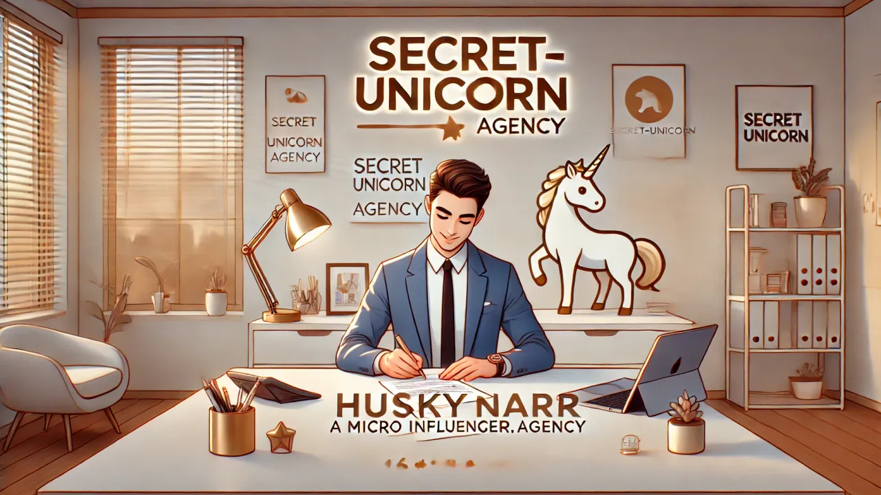DALL·E 2025-02-11 11.16.16 - A professional and stylish digital illustration featuring Huskynarr, a Micro Influencer, signing a contract with Secret-Unicorn.Agency. The setting is a modern, minimalistic office with a sleek desk, a laptop, and branding elements of the agency, including a subtle unicorn logo in the background. The atmosphere is professional yet welcoming, with warm lighting. Huskynarr appears excited and ready for new opportunities. The image is in 16:9 aspect ratio.