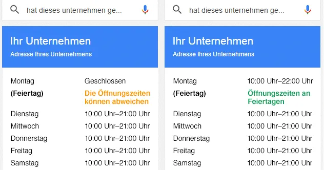 Spezielle Öffnungszeiten für Ihr My Business Profil