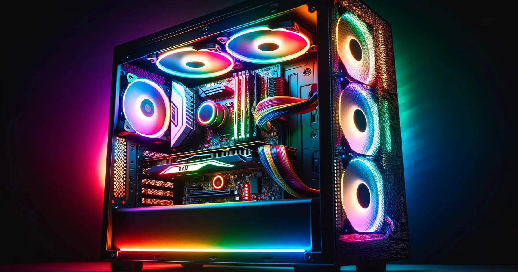 DALL·E 2023-10-17 21.23.24 - Photo of a modern gaming PC tower with vibrant RGB lighting, prominently showcasing illuminated components such as the RAM sticks, cooling fans, and g