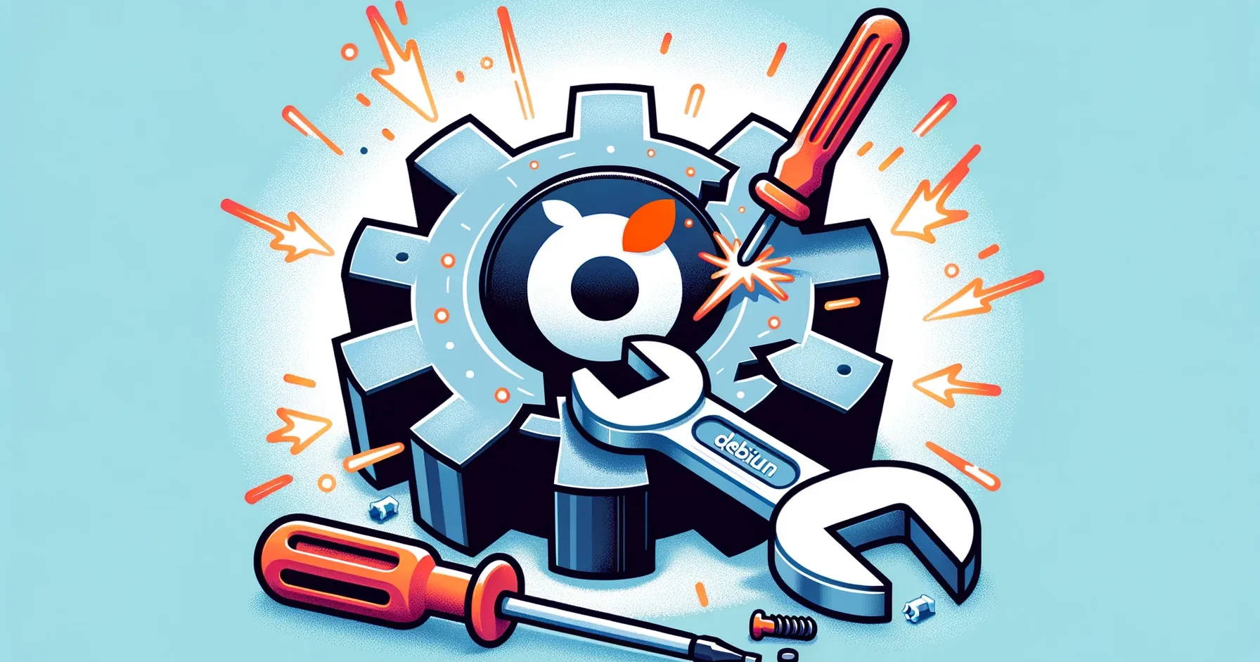 DALL·E-3 Illustration of a Plesk logo and Debian logo inside a broken cogwheel, symbolizing a challenging integration. Sparks fly out from the cogwheel, and a wrench and screwdriver are placed next to it, representing the tools used to fix the issues.