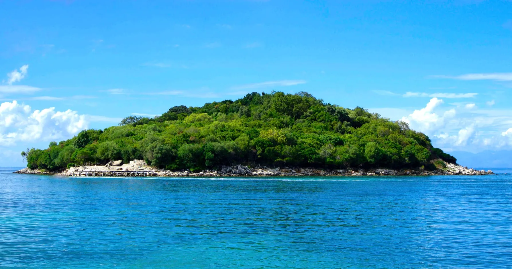 island covered with green trees under the clear skies
