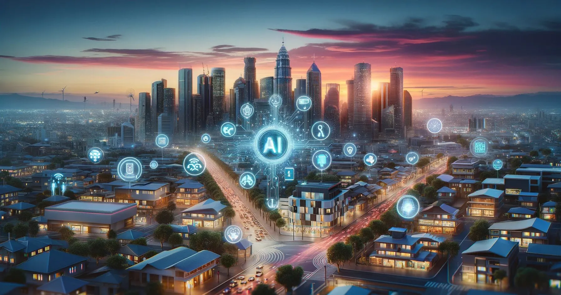 DALL-E3 2024 - A contemporary and realistic digital artwork emphasizing the future potential of artificial intelligence in everyday life. The image portrays a cityscape with integrated AI elements subtly present in daily activities - smart traffic systems, AI-assisted healthcare, and intelligent building management. The focus is on how AI seamlessly blends into various aspects of life, enhancing efficiency and quality of life without dominating the scene. The background is a modern city skyline during twilight, symbolizing the transition into a new era of technology, with a color palette that is grounded and realistic, reflecting a future that is innovative yet achievable.