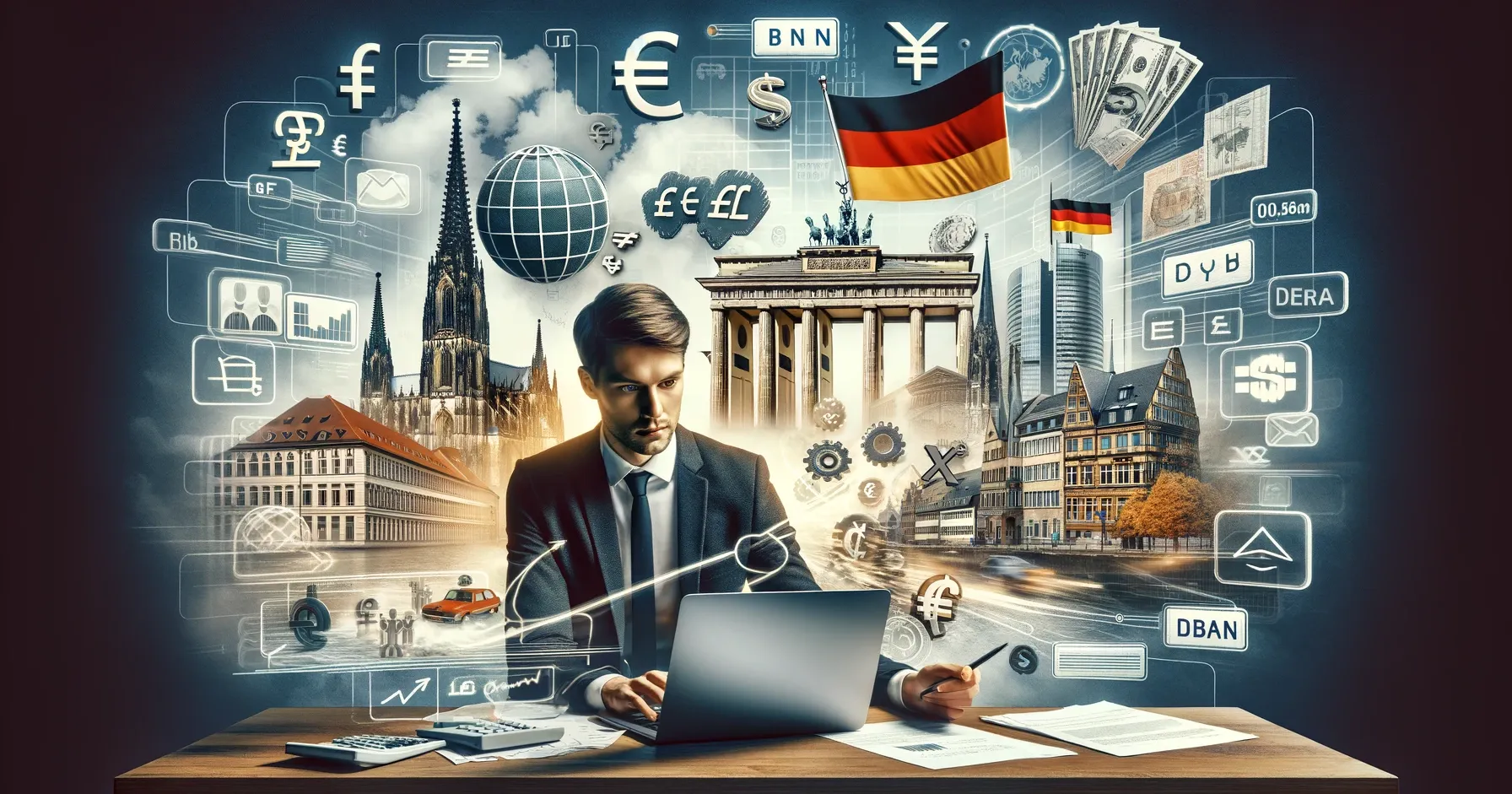 DALL·E 2024 - Visualize the concept of living with a foreign IBAN in Germany, focusing on the everyday challenges and opportunities it presents. The image should include a young professional sitting at a desk, surrounded by a mix of German landmarks (like the Brandenburg Gate and the Cologne Cathedral) and symbols of international banking (such as diverse currency symbols and a globe). The person appears to be navigating through paperwork and digital banking on a laptop, showing a blend of confusion and determination. The scene encapsulates the blend of cultural integration and financial navigation, highlighting both the hurdles and the empowerment of managing finances with a foreign IBAN in a new country.