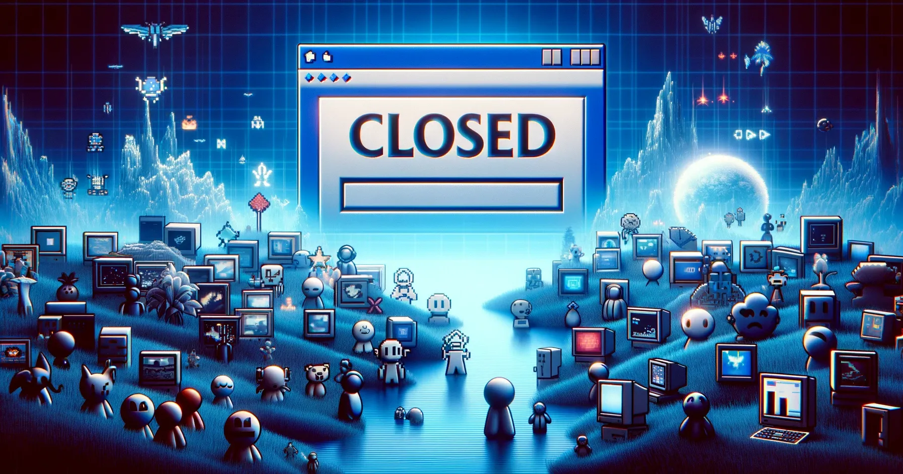 DALL-E 2024 - A digital landscape featuring an array of classic browser game icons, like small pixelated characters and simple graphical user interfaces, fading into the background. The foreground shows a symbolic 'closed' sign hanging over a representation of a computer screen, which once displayed vibrant online worlds. This scene should embody the transition from the golden age of browser games to their decline, evoking a sense of nostalgia and closure. The atmosphere should be serene yet somber, highlighting the end of an era in online gaming. The image should be in a 16:9 format, suitable for use as a blog post header or a widescreen display.
