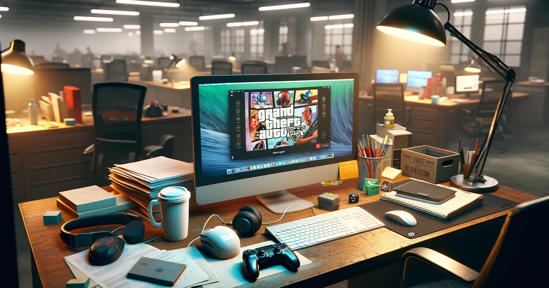 Dall-E 2024 - A scene depicting a desk in an office environment, featuring typical work items such as a computer, keyboard, mouse, a stack of papers, and a coffee cup. On the computer screen, instead of a work document or application, the homepage of "GTA 6" is displayed, glowing invitingly. Next to the computer, a gaming headset and a controller are placed, suggesting the desk owner is ready to dive into the game at any moment. In the background, blurry to focus on the desk, empty office chairs and desks suggest a deserted, almost ghostly work environment. The scene is illuminated by the warm light of a desk lamp, creating a cozy yet contrasting atmosphere to the cool, functional office setting. The image conveys excitement for gaming juxtaposed with a sense of abandonment in the workplace, highlighting the tension between professional duties and personal passions.