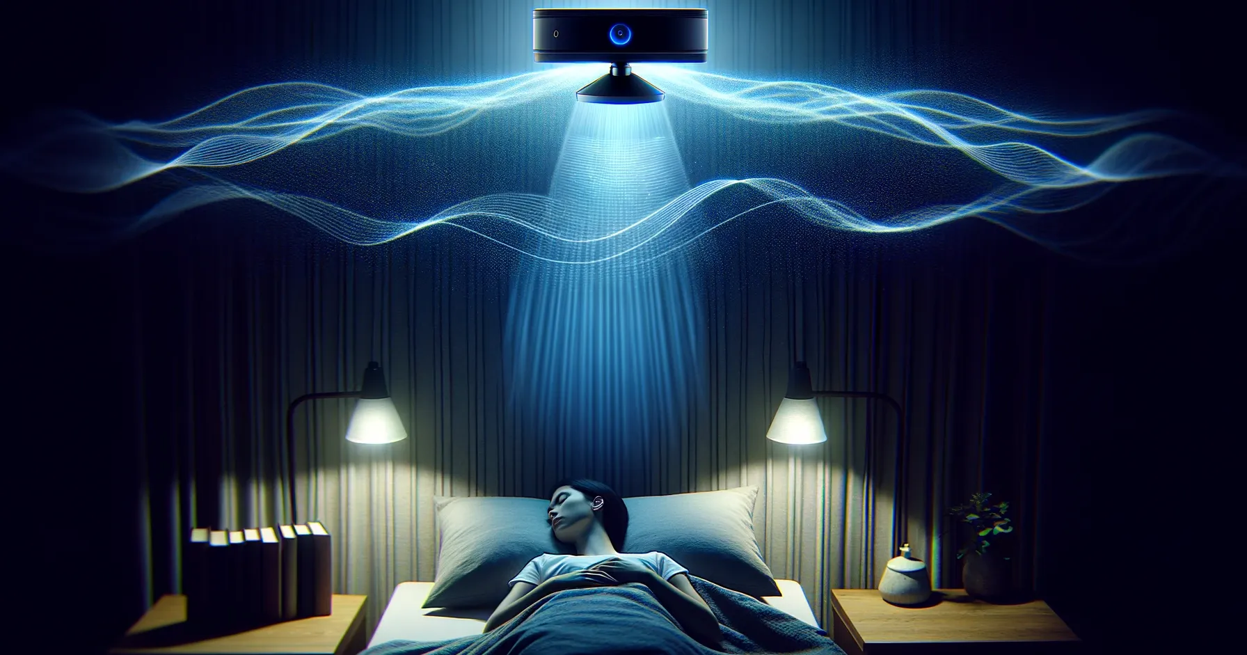 DALL-E 2024 - A tranquil and dark bedroom scene where a person is sleeping peacefully. Above them, the silhouette of an Azure Kinect camera is either discreetly mounted on the ceiling or placed on a nightstand. Subtle light beams or digital waves emanate from the camera, gently traversing the room and capturing sleep data. These digital waves softly flow over the sleeping person, symbolizing non-invasive and gentle data capture during sleep. The focus is on the harmonious integration of technology into everyday life to enhance sleep quality and provide valuable insights for health and well-being. The image should be in a 16:9 aspect ratio to illustrate the article 'Sleep Analysis with Azure Kinect'.
