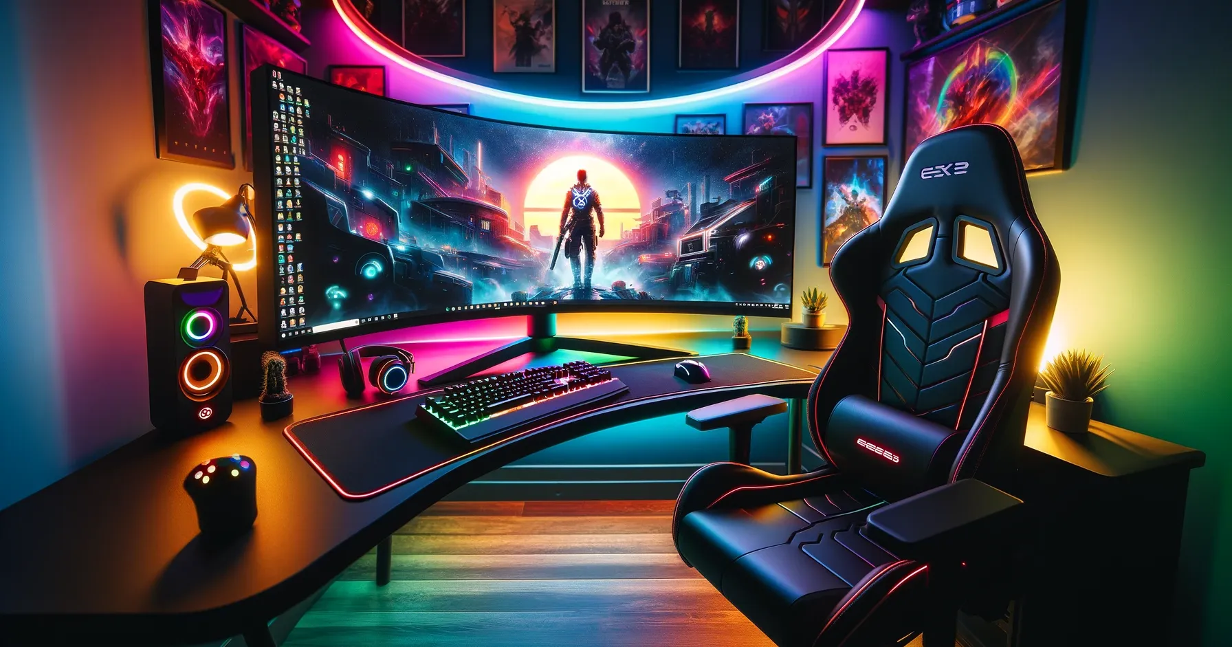DALL-E 2024 - A highly detailed and immersive gaming setup featuring a large curved monitor surrounded by multi-colored RGB lights. There's a high-end gaming chair, sleek black, positioned perfectly in front of the desk. The desk holds a mechanical keyboard with glowing keys, a gaming mouse with a futuristic design, and a headset hanging on a stand. The walls are adorned with posters of popular video games and the room is dimly lit to enhance the vibrant colors of the RGB lighting. The atmosphere is cozy yet high-tech, ideal for gaming enthusiasts.