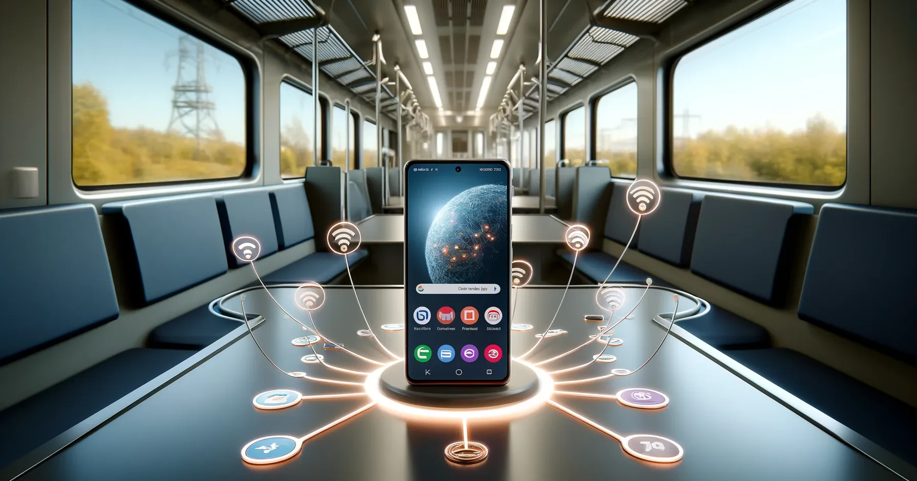 DALL-E 2024 - A Samsung Galaxy S22 Ultra smartphone displayed on a table inside a modern train compartment, surrounded by visual representations of different network signals in a 16:9 format. The phone shows active connections to various networks like Vodafone, Telekom, and Sipgate, represented by their logos floating around it. The compartment is well-lit, with large windows showing a passing landscape outside, emphasizing the travel and connectivity theme. The image layout is horizontal to fit the 16:9 aspect ratio.
