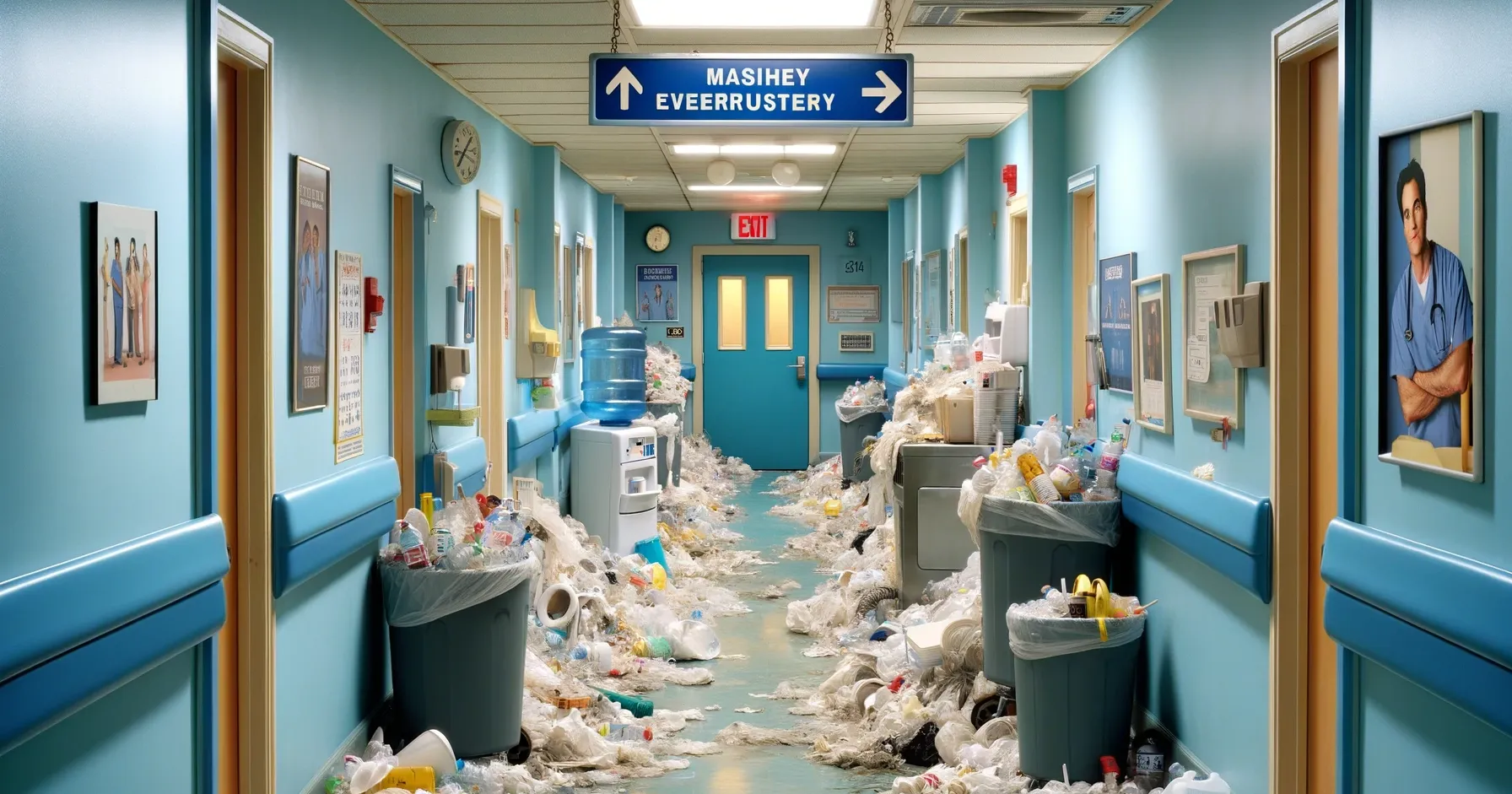 DALL-E 2024 - Combine elements from previous scenes inspired by 'Scrubs'. The setting is a hospital corridor that appears unusually quiet and empty, similar to the second image but with the specific atmosphere and details from the first image. The walls are light blue, typical of hospital interiors, with medical posters and a water cooler visible. The hallway is lined with overflowing trash bins, suggesting neglect or a busy day. The janitor character is notably missing. Enhance the image with quirky and comedic elements reflective of 'Scrubs'.