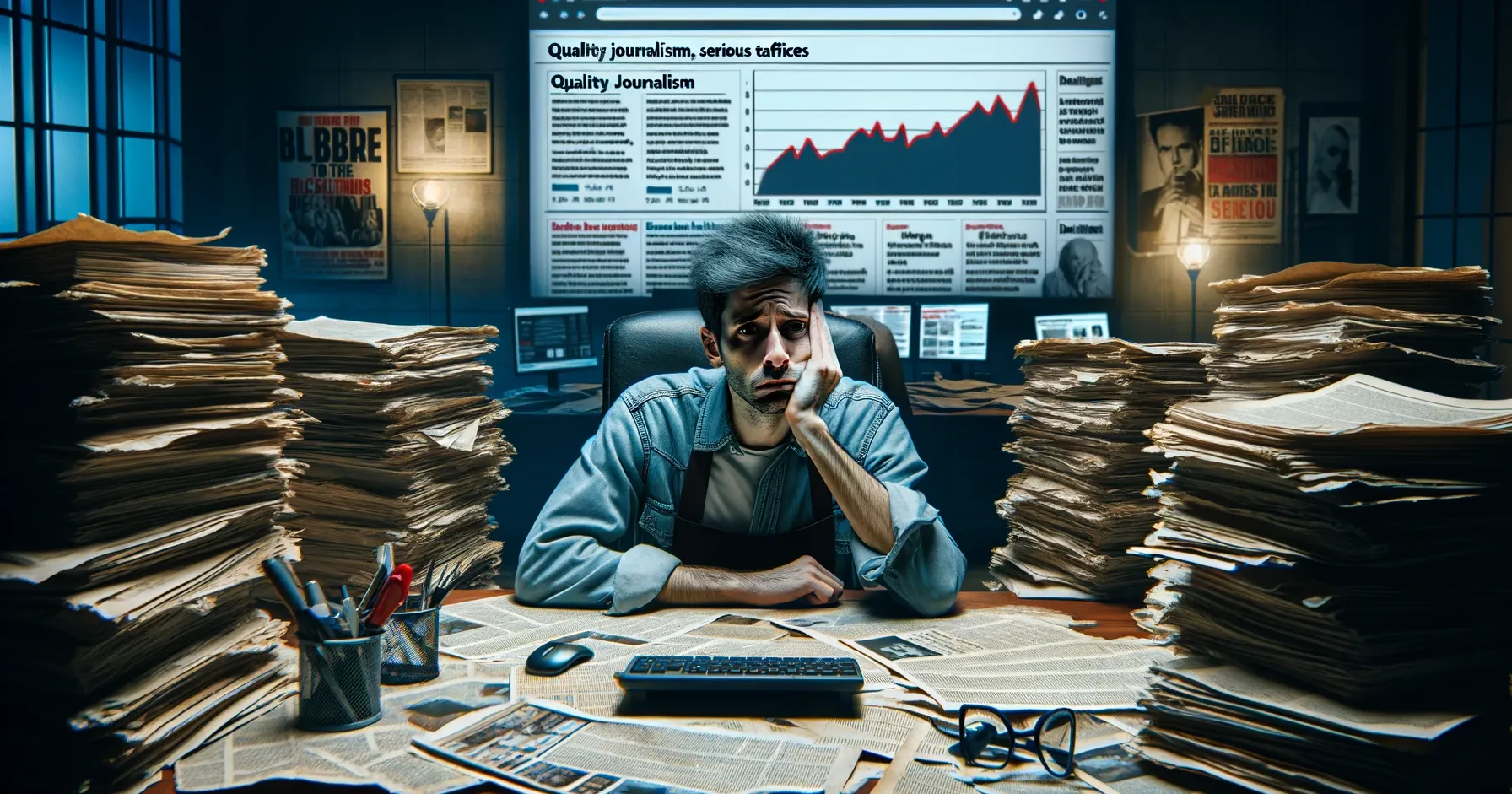 DALL-E 2024 - A melancholic journalist sits at a wide, cluttered desk surrounded by piles of research papers and a computer screen showing low traffic analytics. The room is dimly lit, emphasizing the journalist's stressed and disappointed expression. In the background, articles with sensational headlines contrast with his quality, serious content. The setting is a gloomy office space, depicting the struggle between quality journalism and clickbait culture in a wider format.