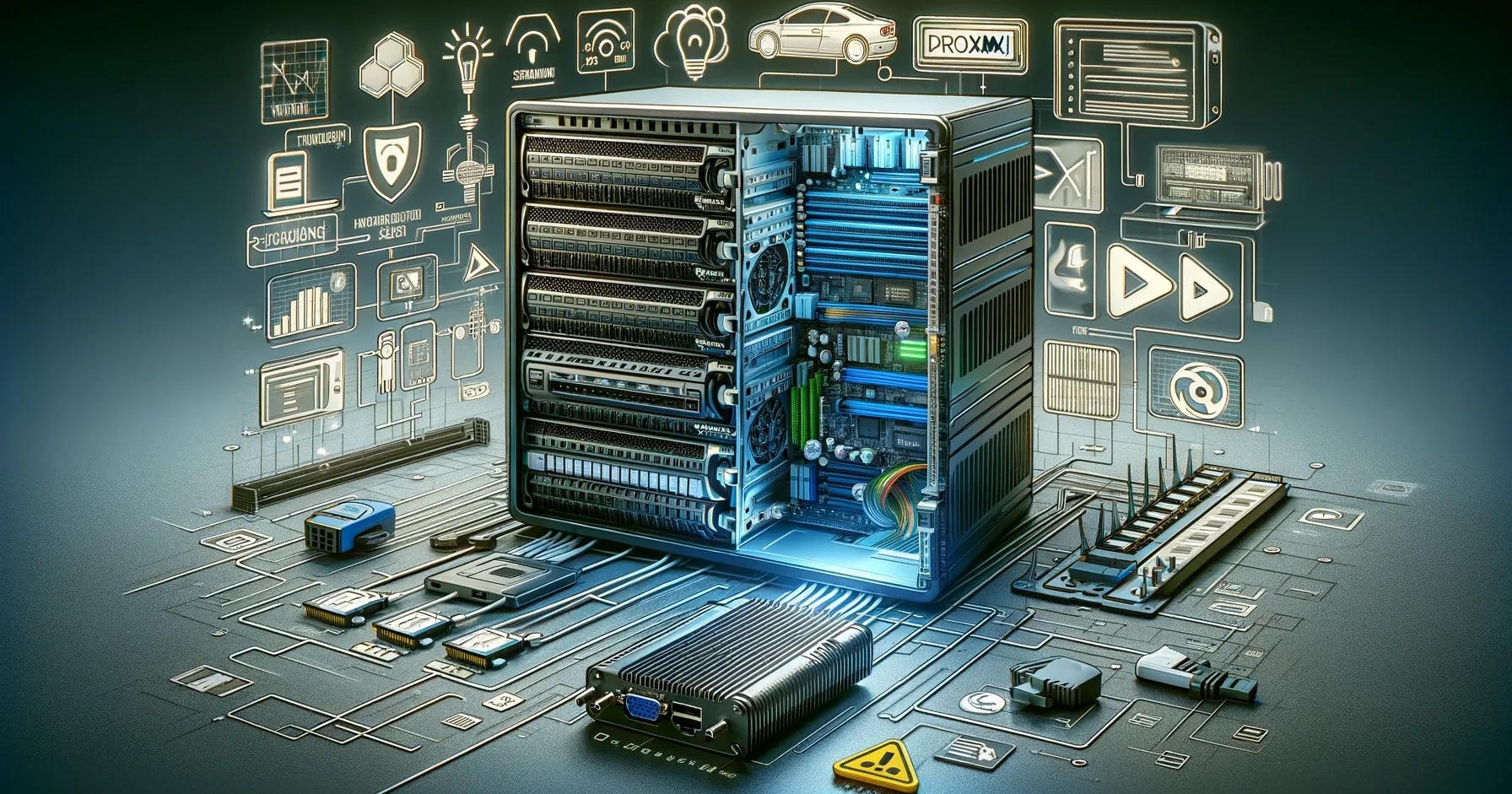 DALL-E 2024 - A detailed image showcasing a modern server tower with its components visible. The server is open, revealing parts like RAM sticks, a processor, a RAID controller, and a power supply. A VGA to HDMI adapter is placed next to the server. In the background, there are streaming symbols like a play button and video icons, as well as logos of virtualization software like Proxmox and ESXI. A thought line connects these components and software solutions. In one corner, there's a car symbol with a speed camera symbol next to it, indicating the anecdote about the car sharing and speeding ticket. Technical diagrams and symbols are overlaid on the image to highlight the complexity and technical challenges of the project.