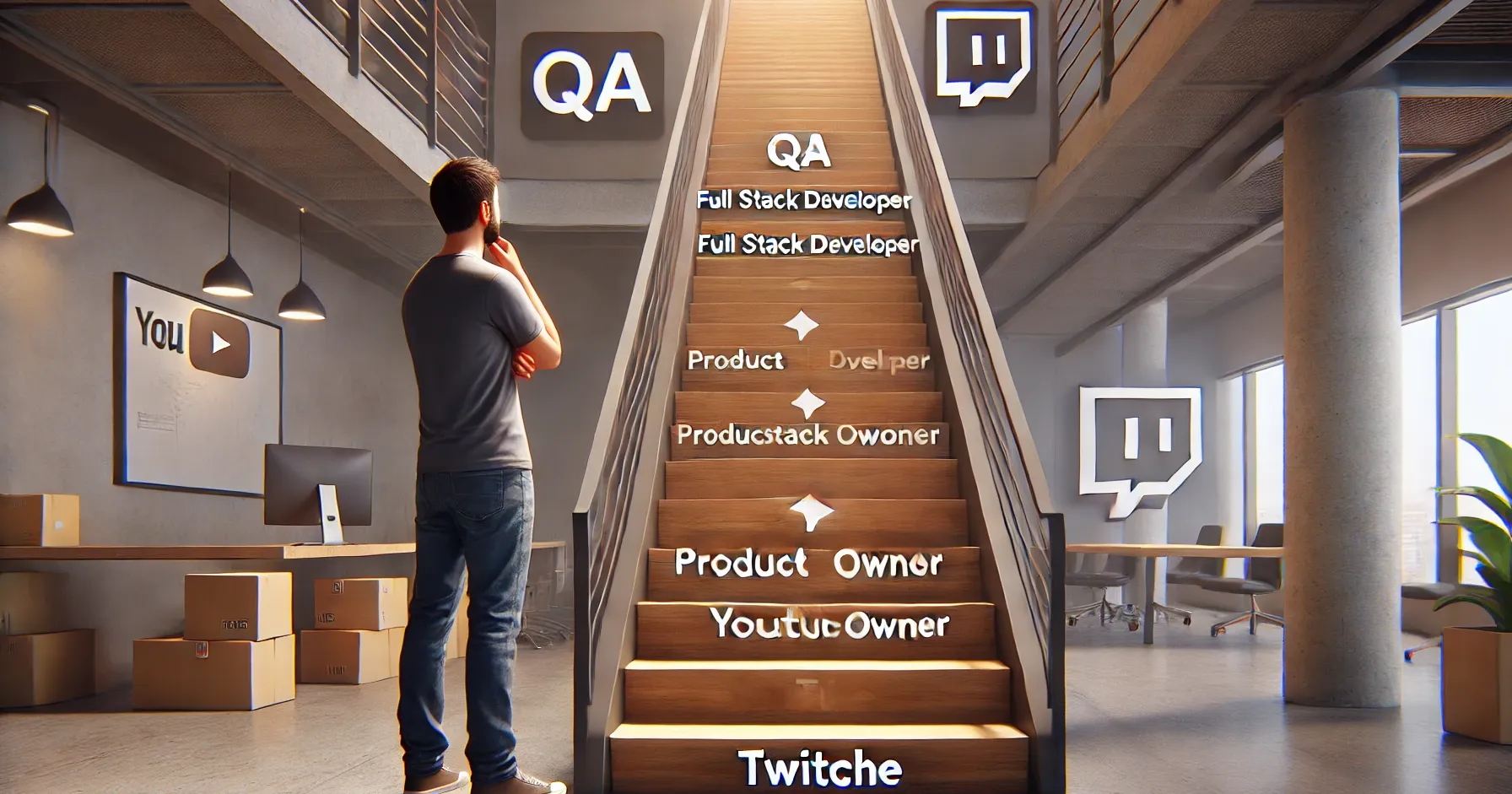 DALL-E 2024 - A man standing at the bottom of a long staircase in a modern office building, with each step labeled with a different career title: 'QA', 'Full Stack Developer', 'Product Owner', 'YouTube', 'Twitch'. The man looks up the staircase contemplatively, with a hand on his chin. The staircase represents the journey and choices in his career path. The atmosphere is realistic and professional, capturing the theme of uncertainty and decision-making in a career setting.
