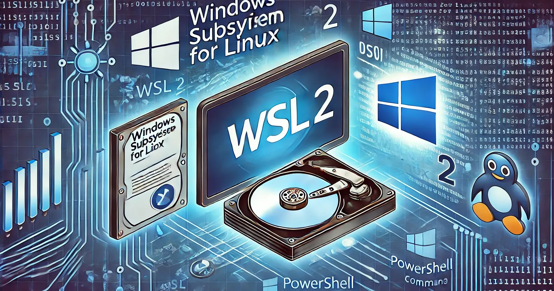 DALL-E 2024 - An illustration depicting the Windows Subsystem for Linux (WSL) 2 icon on a computer screen, with various elements representing data compression and optimization. The image should include elements like a large hard drive shrinking in size, PowerShell command lines, and the WSL logo. A tech-savvy environment with a focus on efficiency and storage management should be conveyed.
