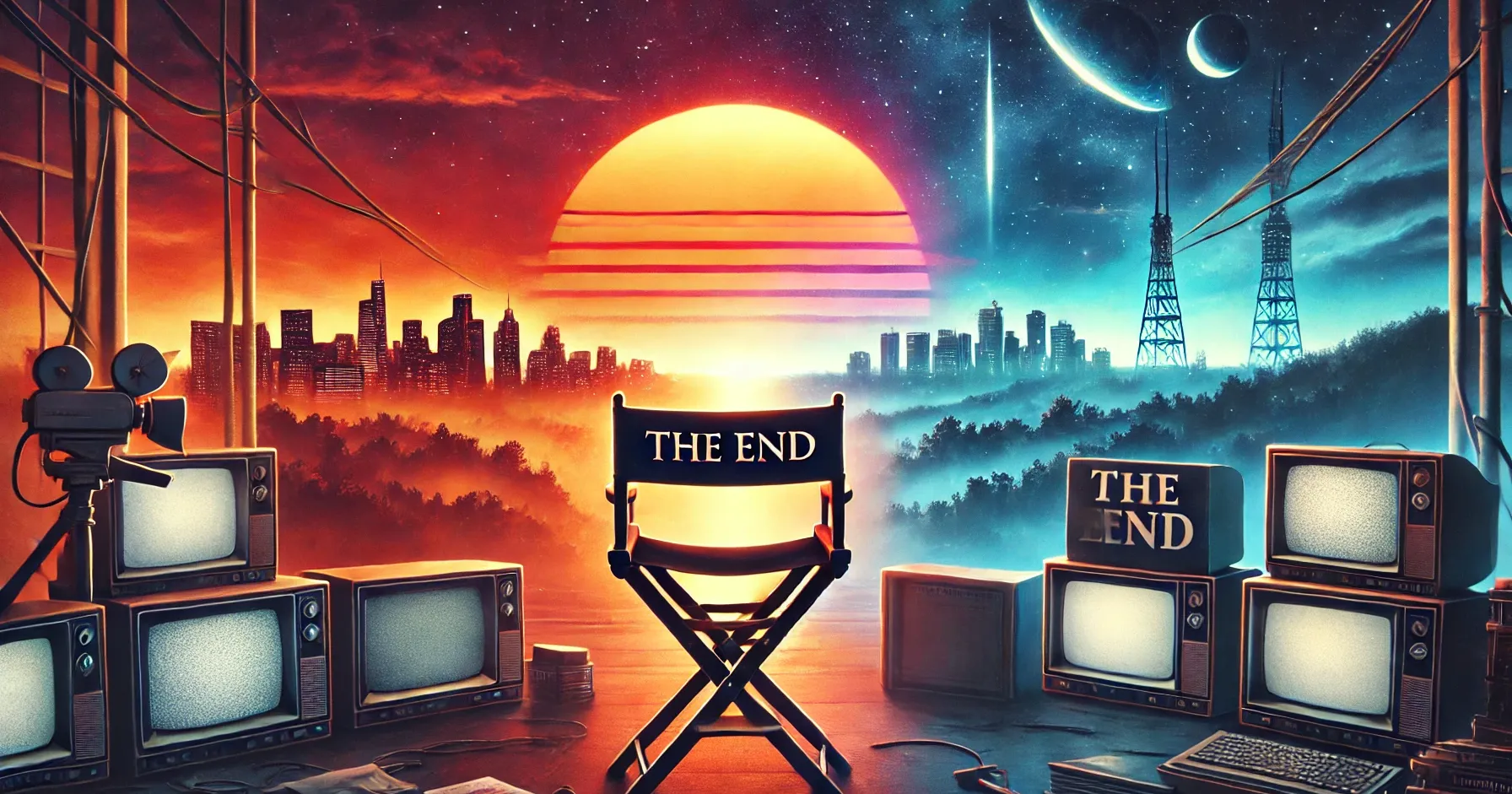 DALL-E 2024 - A 16:9 image depicting the theme of the end of a TV series. The scene should include a sunset or twilight sky, symbolizing closure, with elements like a fading television screen, an empty director's chair, and a 'The End' sign. The background should be a blend of different environments representing various genres, such as a futuristic cityscape, a gritty urban area, a sci-fi setting, and a suburban neighborhood, all gradually fading into the distance. The overall mood should evoke a sense of nostalgia and reflection.