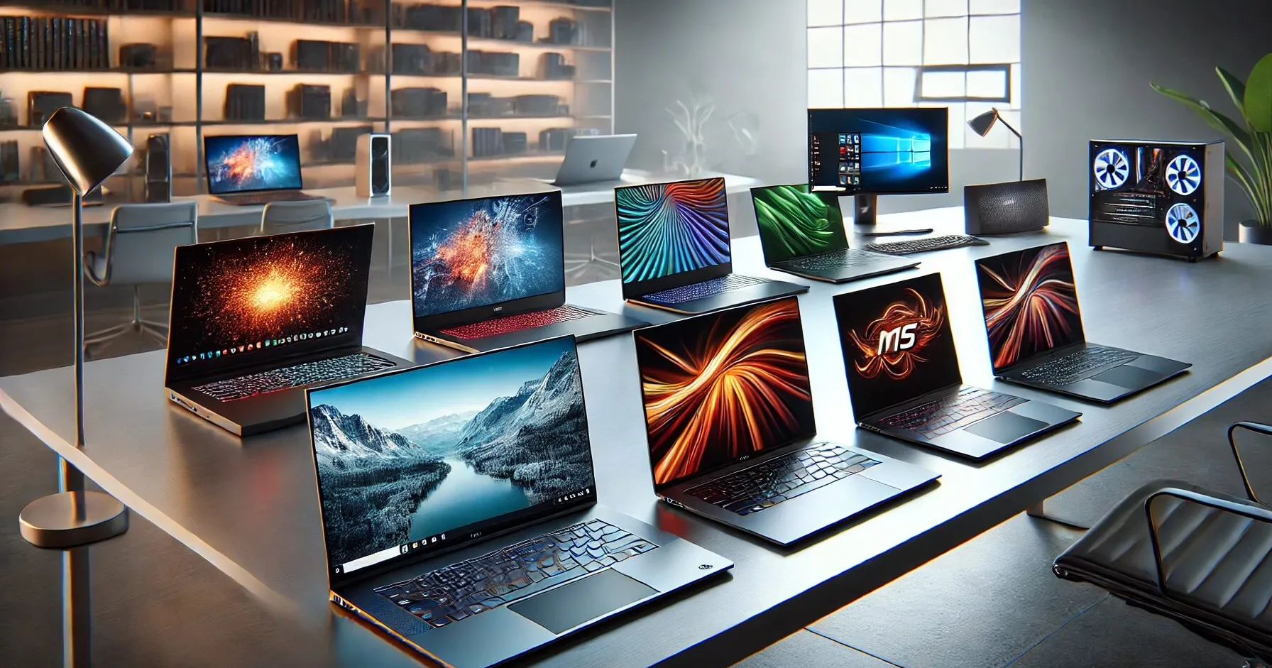 DALLE - 2024 - A modern workspace with a range of high-end laptops displayed on a sleek desk. Featured laptops include a Dell XPS, Apple MacBook Pro, Lenovo ThinkPad, Acer Swift, ASUS ROG Zephyrus, and MSI Prestige. The background includes a minimalist office setting with a large window letting in natural light. The Dell XPS is shown with a thermal problem, visibly overheating. The other laptops are shown with their screens displaying vibrant, high-resolution images. A focus on the Dell XPS and MacBook Pro, highlighting their design and build quality. The scene should be clean, professional, and tech-focused.