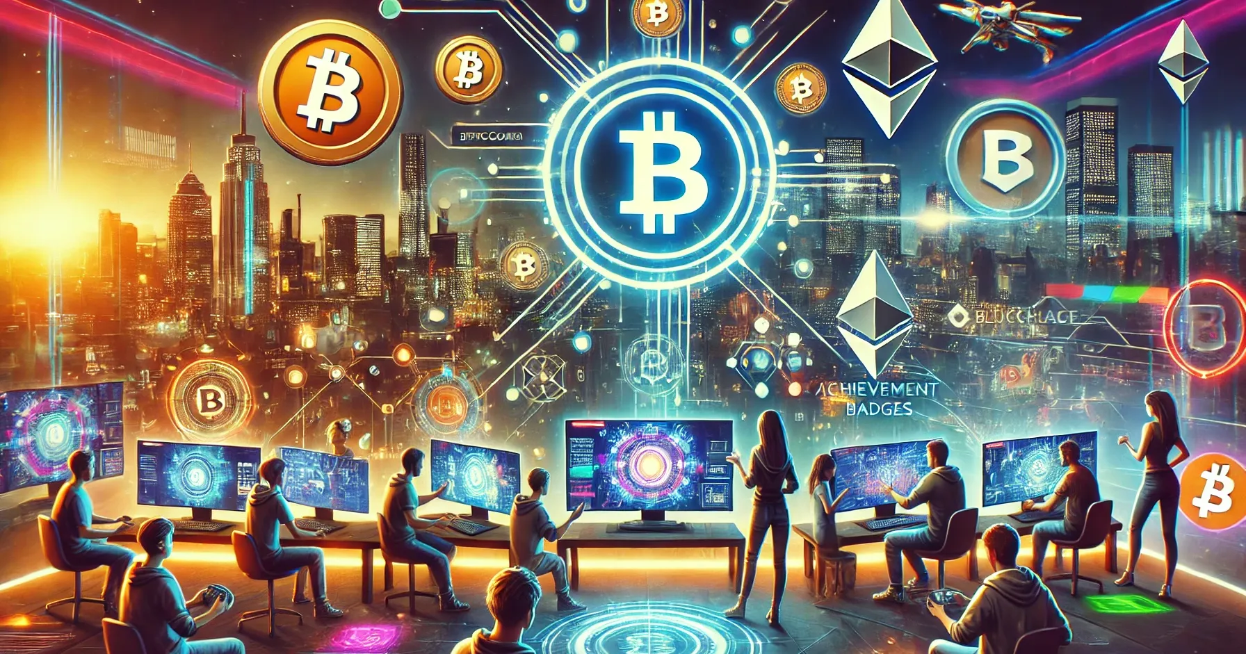 DALL-E 2024 - A dynamic and futuristic gaming scene with elements of cryptocurrency and blockchain integration. In the background, there is a virtual cityscape with neon lights and digital symbols of popular cryptocurrencies like Bitcoin and Ethereum. In the foreground, gamers are interacting with holographic screens showing in-game items and marketplaces. Additional gamification elements include digital leaderboards, achievement badges, and avatars. The scene has a mix of dark and vibrant colors, reflecting both the excitement and the challenges of integrating crypto in gaming.