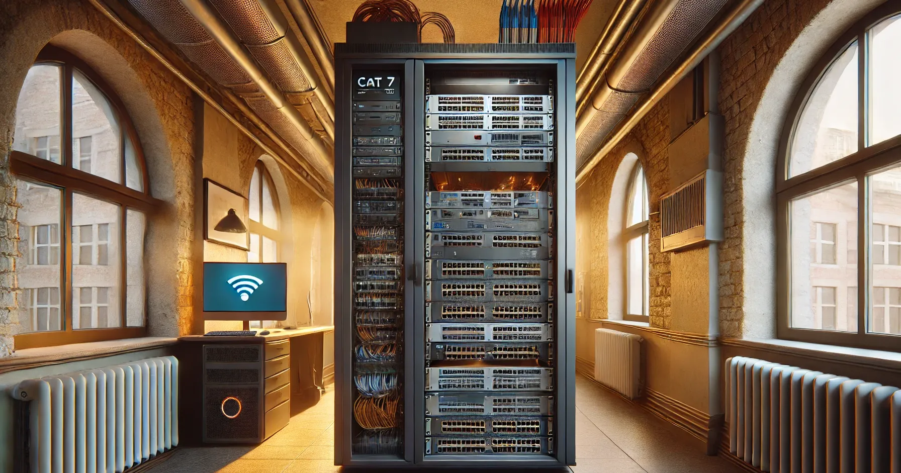 DALL-E 2024 - A modern office server room in an older, renovated building. The image shows a sleek server rack filled with network switches, patch panels, and cabling. CAT 7 cables are prominently visible, neatly organized and connected to the switches. The setting includes a mix of old architecture, like brick walls, blending with the new technology. There are also visible WLAN access points on the ceiling and a powerful desktop server tower next to the server rack. The lighting is warm, highlighting the balance between old and new.