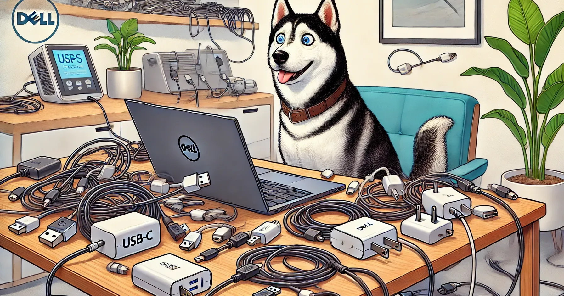 DALL·E 2025-01-07 17.18.24 - A humorous and detailed illustration of a Husky sitting frustratedly in front of a Dell XPS laptop, surrounded by various USB-C chargers and cables. T