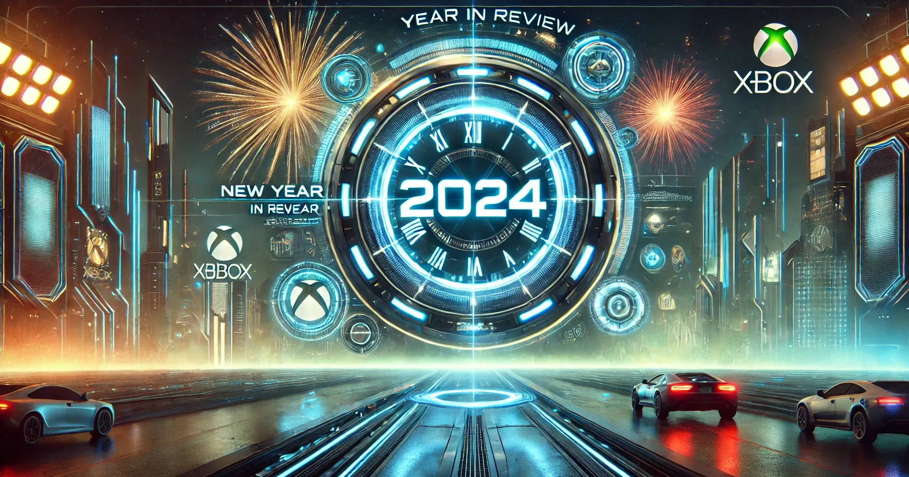DALL·E 2025-01-20 18.19.34 - A futuristic 16_9 digital artwork focused on the theme of the New Year transition for a blog titled 'Huskynarr's Year in Review and Vision for 2024.'