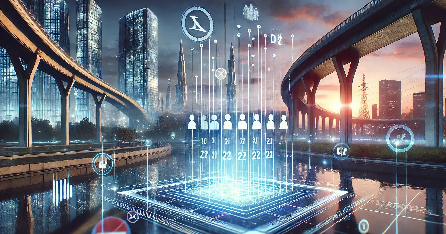 DALL-E 2025 - Ein futuristisches Stadtpanorama bei Dämmerung, in dem moderne Architektur und digitale Elemente harmonisch verschmelzen. Im Vordergrund schwebt ein holografischer Wahlkalender mit politischen Symbolen, der leicht transparent ist und an AR erinnert. Der Himmel ist in kühlen Blau- und Violetttönen gehalten, während subtile Lichteffekte und digitale Linien den Eindruck von fortschrittlicher Technologie vermitteln. Das Bild soll den Brückenschlag zwischen Politik und moderner Technik visualisieren und dabei einen kritischen, aber hoffnungsvollen Ton vermitteln.