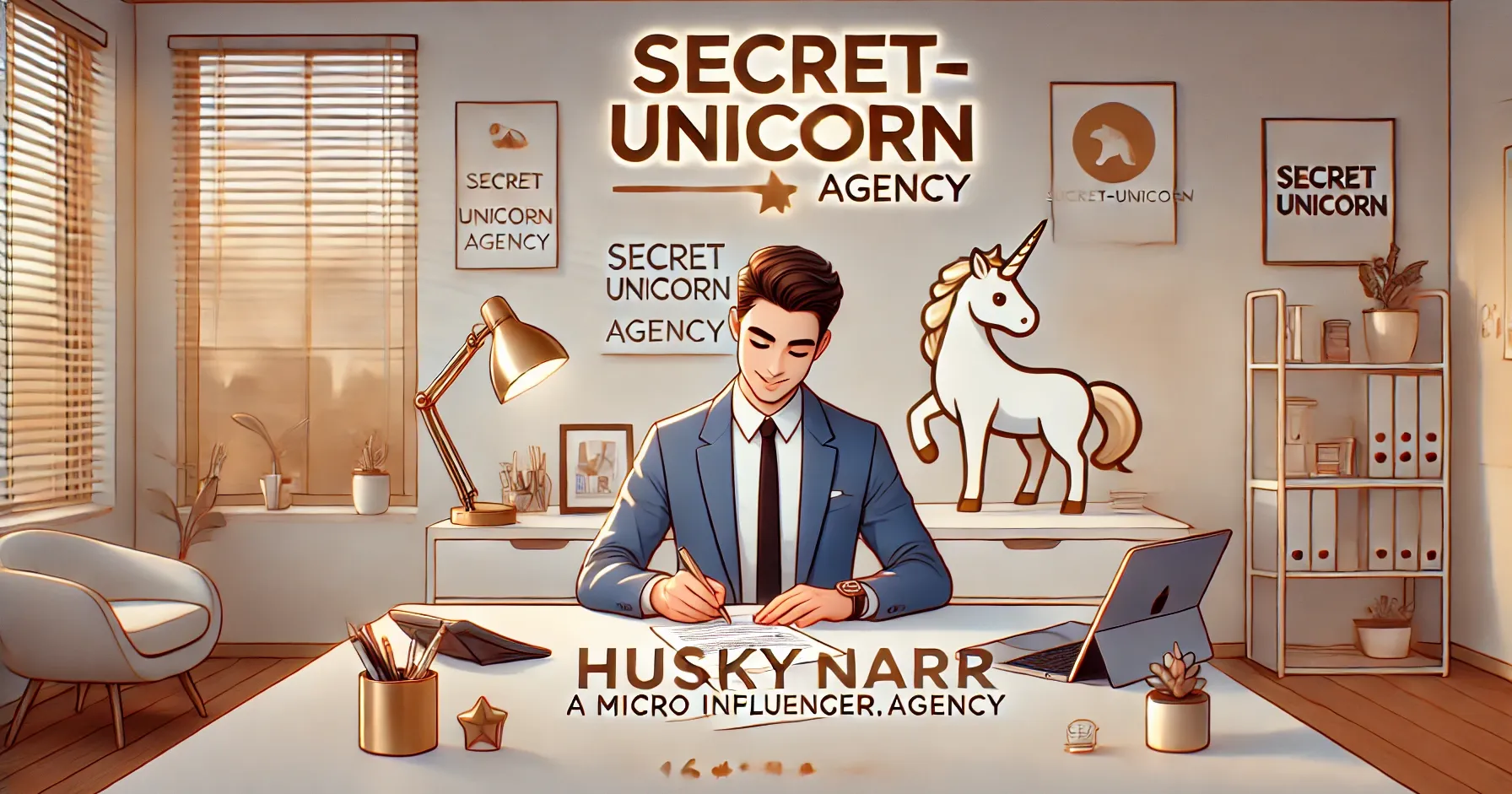 DALL·E 2025-02-11 11.16.16 - A professional and stylish digital illustration featuring Huskynarr, a Micro Influencer, signing a contract with Secret-Unicorn.Agency. The setting is a modern, minimalistic office with a sleek desk, a laptop, and branding elements of the agency, including a subtle unicorn logo in the background. The atmosphere is professional yet welcoming, with warm lighting. Huskynarr appears excited and ready for new opportunities. The image is in 16:9 aspect ratio.