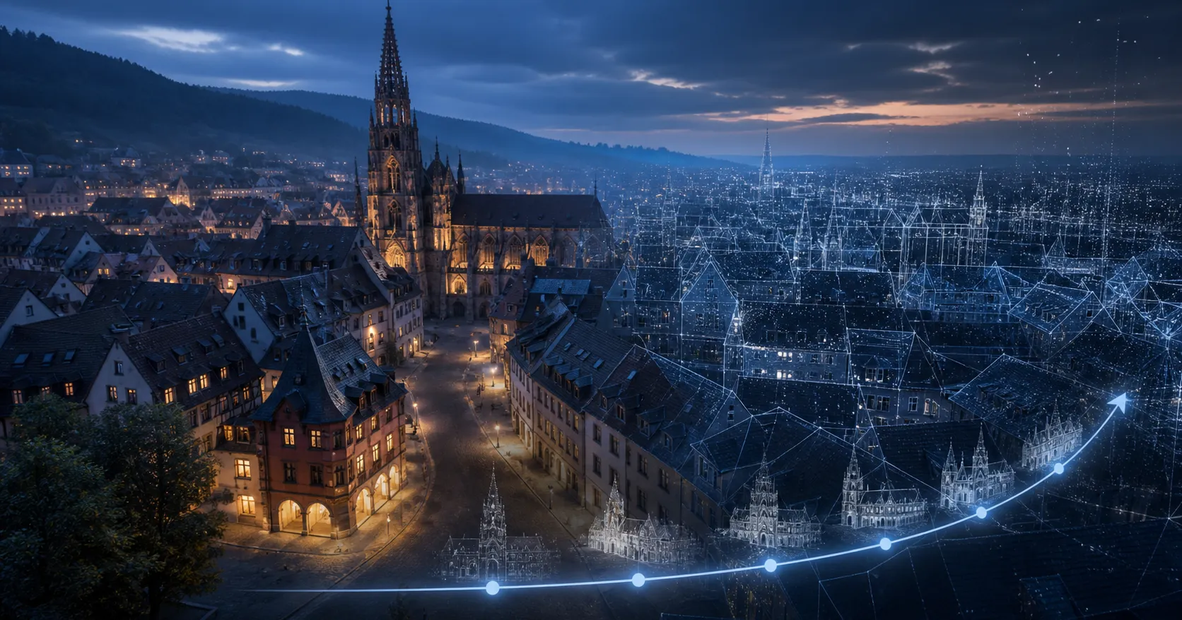 Digitale Rekonstruktion einer europäischen Stadt mit historischen Gebäuden, 3D-Drahtmodell und Zeitstrahl