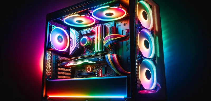 DALL·E 2023-10-17 21.23.24 - Photo of a modern gaming PC tower with vibrant RGB lighting, prominently showcasing illuminated components such as the RAM sticks, cooling fans, and g
