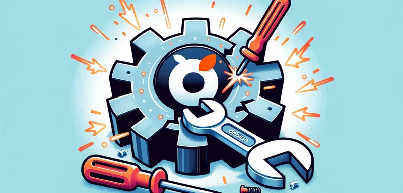DALL·E-3 Illustration of a Plesk logo and Debian logo inside a broken cogwheel, symbolizing a challenging integration. Sparks fly out from the cogwheel, and a wrench and screwdriver are placed next to it, representing the tools used to fix the issues.