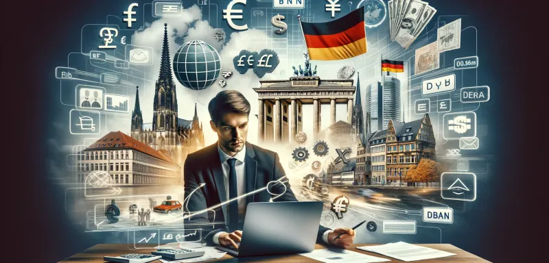 DALL·E 2024 - Visualize the concept of living with a foreign IBAN in Germany, focusing on the everyday challenges and opportunities it presents. The image should include a young professional sitting at a desk, surrounded by a mix of German landmarks (like the Brandenburg Gate and the Cologne Cathedral) and symbols of international banking (such as diverse currency symbols and a globe). The person appears to be navigating through paperwork and digital banking on a laptop, showing a blend of confusion and determination. The scene encapsulates the blend of cultural integration and financial navigation, highlighting both the hurdles and the empowerment of managing finances with a foreign IBAN in a new country.
