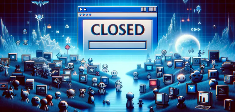 DALL-E 2024 - A digital landscape featuring an array of classic browser game icons, like small pixelated characters and simple graphical user interfaces, fading into the background. The foreground shows a symbolic 'closed' sign hanging over a representation of a computer screen, which once displayed vibrant online worlds. This scene should embody the transition from the golden age of browser games to their decline, evoking a sense of nostalgia and closure. The atmosphere should be serene yet somber, highlighting the end of an era in online gaming. The image should be in a 16:9 format, suitable for use as a blog post header or a widescreen display.